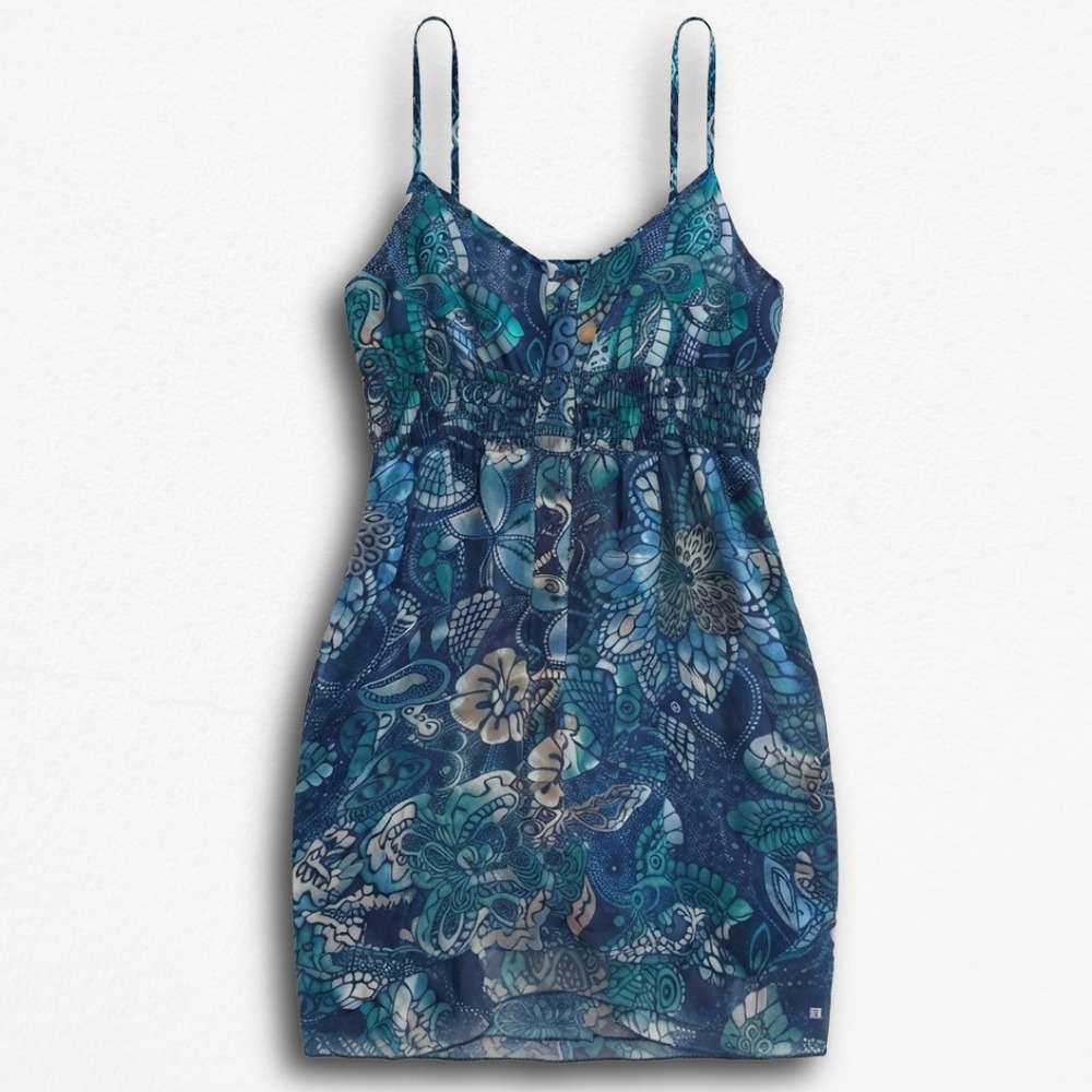 Sam & Max Blue Teal Floral Paisley Smocked Empire Waist Mini Dress Large